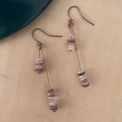 Dangling Shell & Copper Hi- Lo Dangle Earrings 2.25" Fall Autumn Colors Multicolor Brown Tan Cream Lightweight Women Gift Everyday Fashion Handmade Jewelry