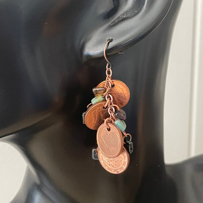 Vintage Coin Dangle Earrings 2.25” Handmade Copper Franc Green Glass Geometric Women's Everyday Jewelry Repurposed Upcycled