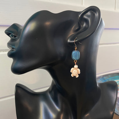 Translucent Blue Glass Drop & Cream Magnesite Turtle Dangle Earrings Geometric Ocean Sea Life Copper Women Gift Everyday Fashion Handmade Jewelry