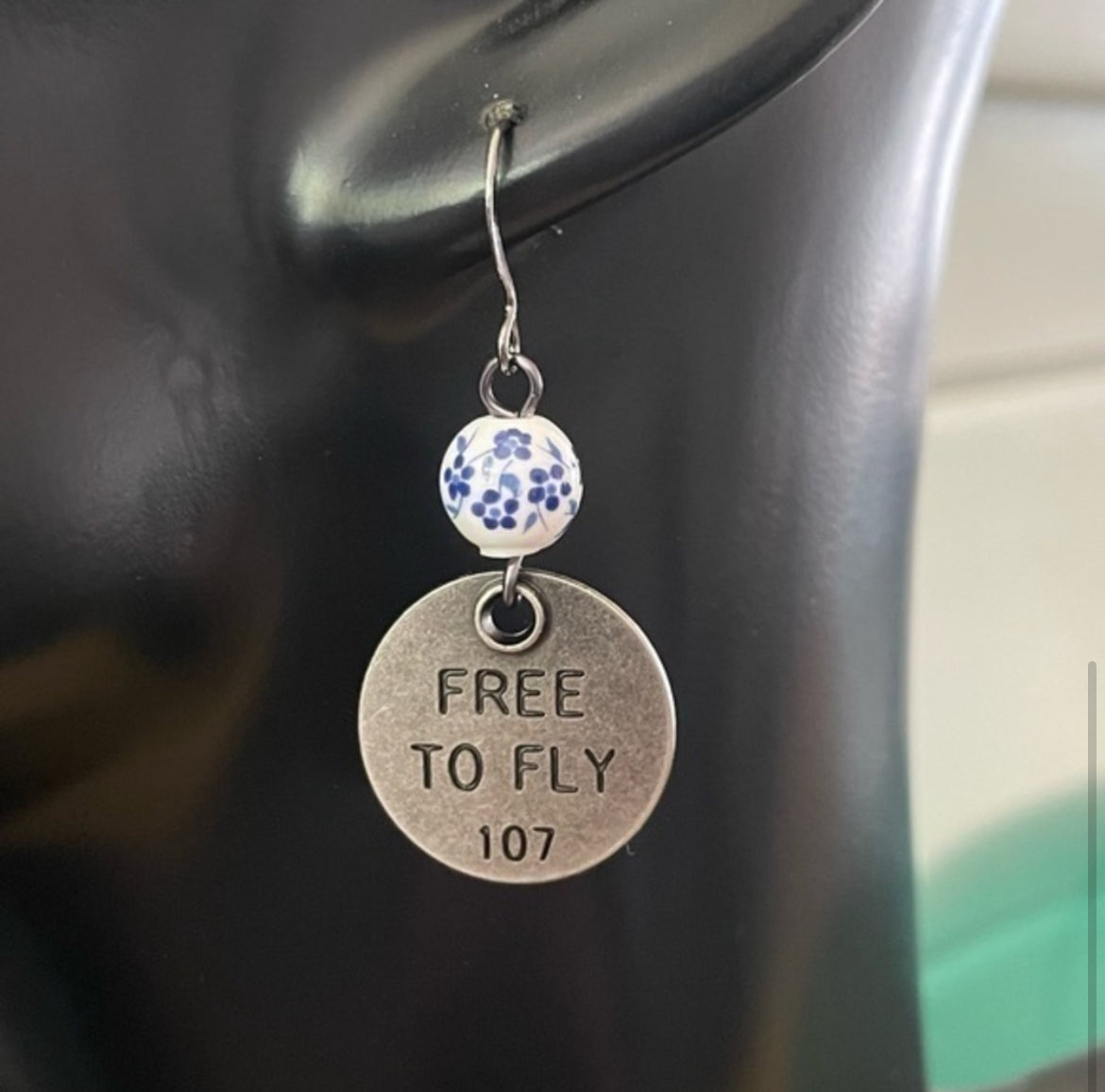 Handmade Blue White Ceramic Bead Earrings Free To Fly See World Stamped Metal Asymmetric Positive Inspiration Motivational
