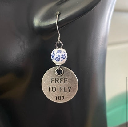 Handmade Blue White Ceramic Bead Earrings Free To Fly See World Stamped Metal Positive Inspiration Motivational Women Gift Everyday Fashion Jewelry