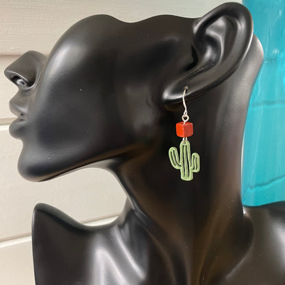 Dangling Saguaro Cactus & Cubed Jasper Earrings 2" Southwest Western Desert Orange Green Handcrafted Women Gift Idea