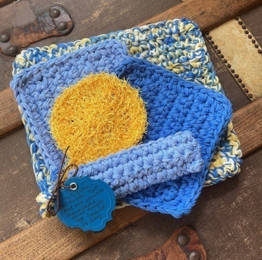 Crochet Kitchen Set in Blue & Yellow Hot Pad Pot Holder Handle Cover Dish Scrubby Multipurpose