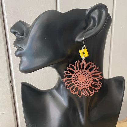 Oversize Laser Cut Wood Sunflower & Square Yellow Glass Bead Earrings 3.75" Handmade Lightweight Nature Dark Brown Women Gift Idea