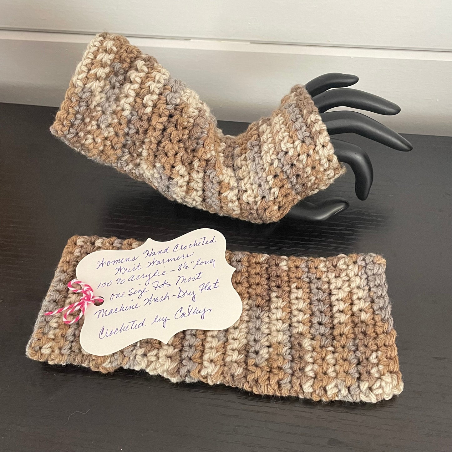 Desert Sands Texting Fingerless Gloves Crochet Knit Fall Winter Gaming Tech Wrist Warmers Brown Tan Marble