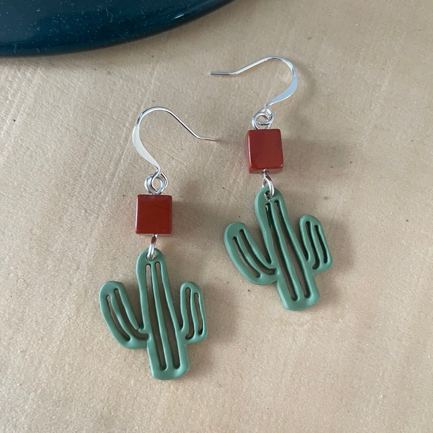 Dangling Saguaro Cactus & Cubed Jasper Earrings 2" Southwest Western Desert Orange Green Handcrafted Women Gift Idea