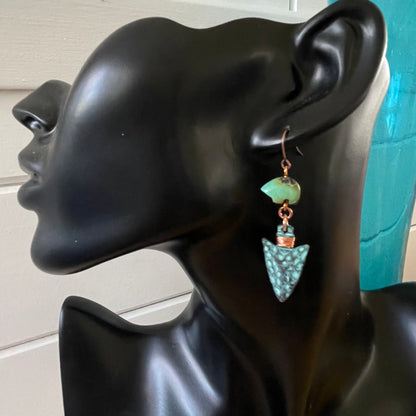 Handmade Carved Turquoise Bear & Arrowhead Earrings 2.5" Hammered Texture Copper Patina Southwestern Western