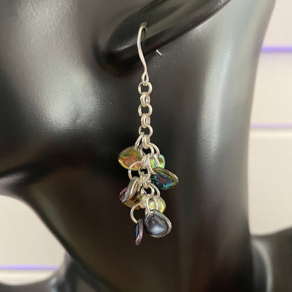 Handmade Iridescent Glass Leaf Dangle Earrings 2" Chain Colorful Metallic Autumnal Fall Women Gift Everyday Fashion Handmade Jewelry