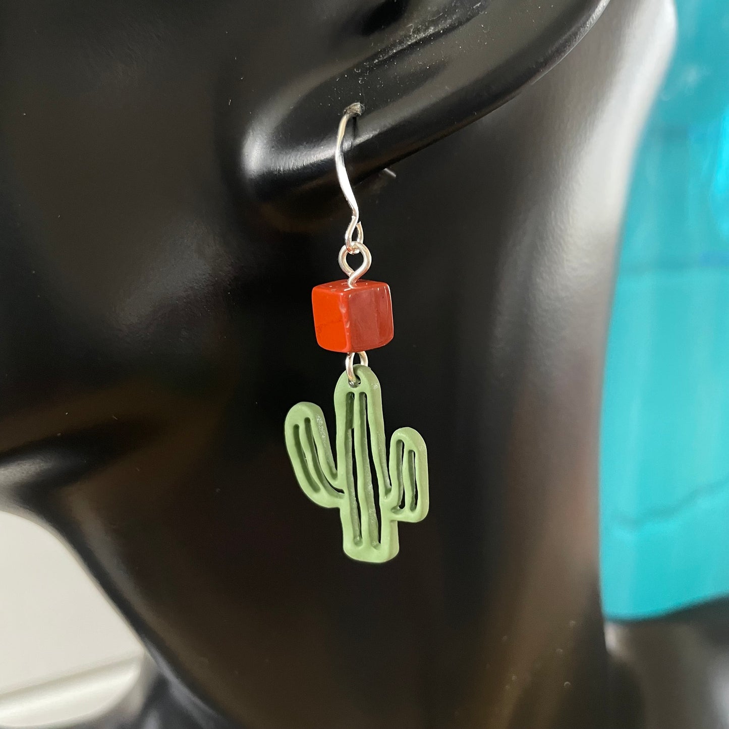 Dangling Saguaro Cactus & Cubed Jasper Earrings 2" Southwest Western Desert Orange Green Handcrafted Women Gift Idea