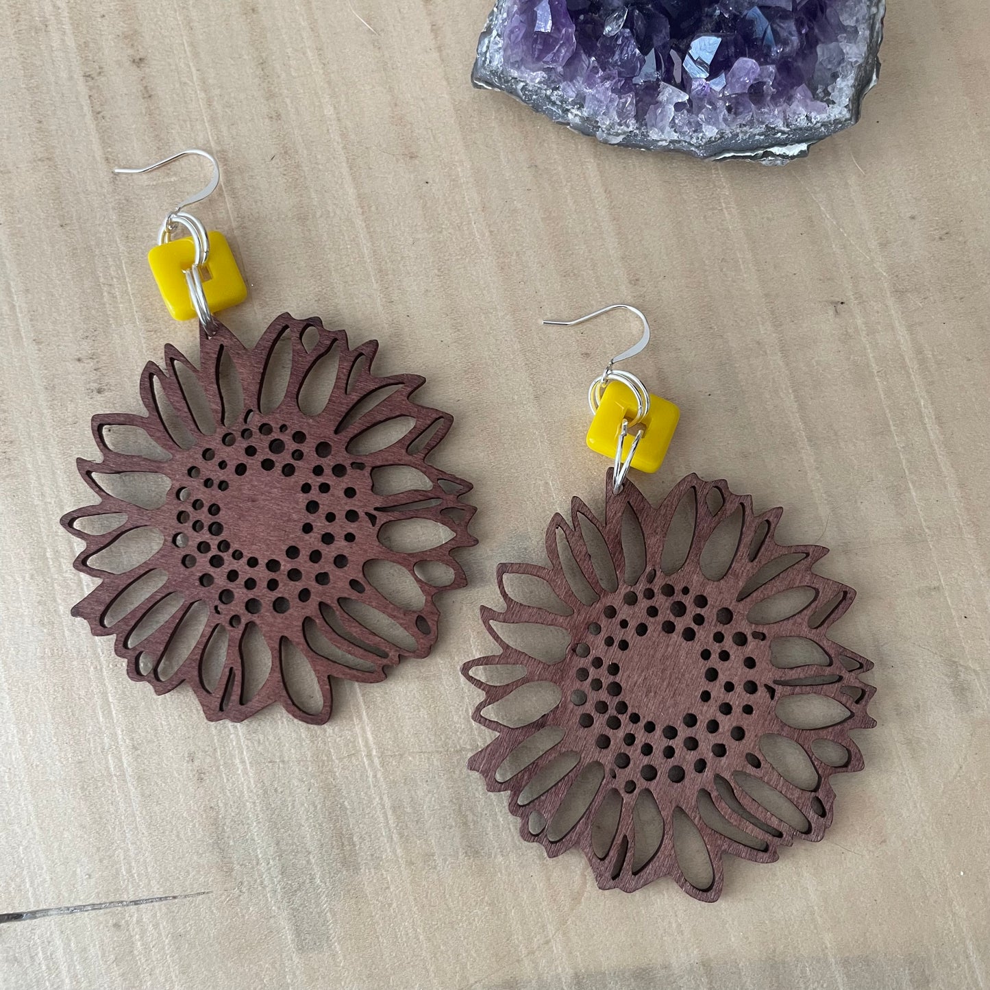 Oversize Laser Cut Wood Sunflower & Square Yellow Glass Bead Earrings 3.75" Handmade Lightweight Nature Dark Brown Women Gift Idea