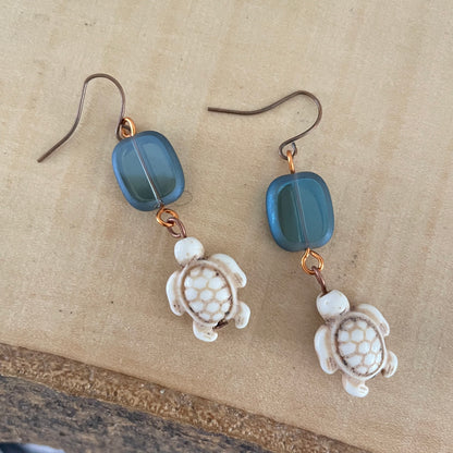 Translucent Blue Glass Drop & Cream Magnesite Turtle Dangle Earrings Geometric Ocean Sea Life Copper Women Gift Everyday Fashion Handmade Jewelry