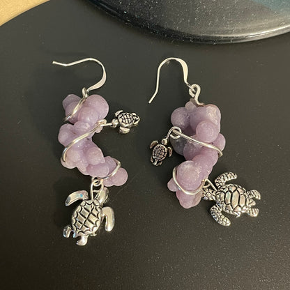 Grape Agate & Mixed Metal Turtle Statement Earrings Wire Wrapped Ocean Sea Life Women Gift Everyday Fashion Handmade Jewelry