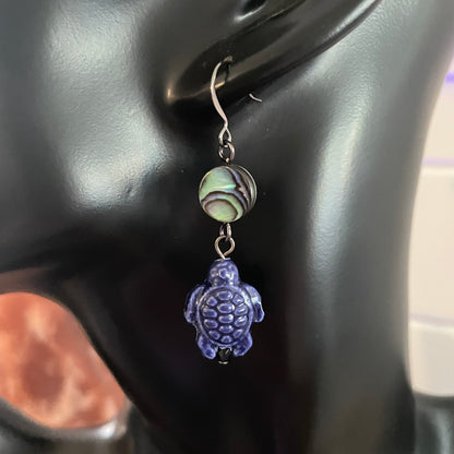 Abalone Shell & Dark Blue Ceramic Turtle Earrings Handmade Geometric Statement Ocean Sea Life Multicolor Iridescent Women Artisan Gift Everyday Fashion