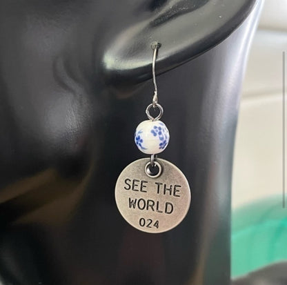 Handmade Blue White Ceramic Bead Earrings Free To Fly See World Stamped Metal Positive Inspiration Motivational Women Gift Everyday Fashion Jewelry