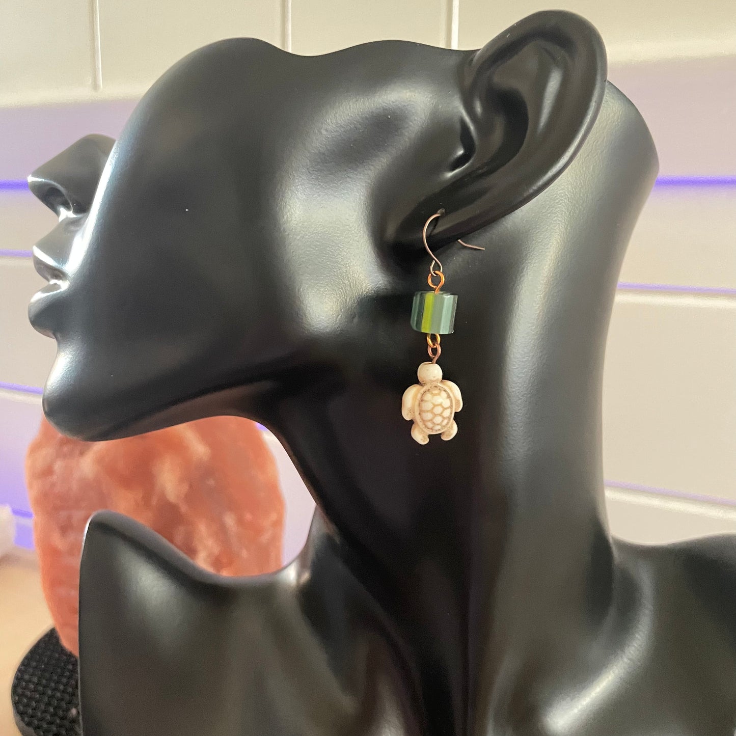 Translucent Green Cain Glass Bead & Cream Magnesite Turtle Dangle Earrings Handmade Geometric Ocean Sea Life Copper Cylinder