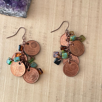 Vintage Coin Dangle Earrings 2.25” Handmade Copper Franc Green Glass Geometric Women's Everyday Jewelry Repurposed Upcycled