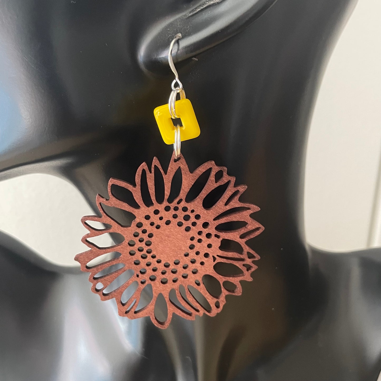 Oversize Laser Cut Wood Sunflower & Square Yellow Glass Bead Earrings 3.75" Handmade Lightweight Nature Dark Brown Women Gift Idea