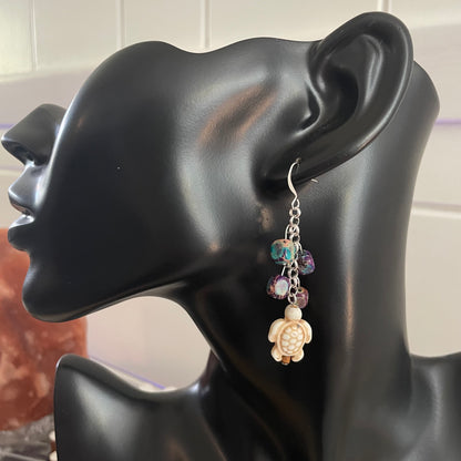 Marbled Imperial Jasper Cube & Cream Magnesite Turtle Dangle Earrings Handmade Ocean Sea Life Mini Wood Bead Multicolor Purple Blue