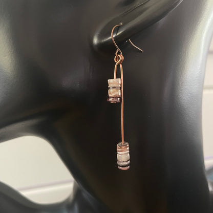 Dangling Shell & Copper Hi- Lo Dangle Earrings 2.25" Fall Autumn Colors Multicolor Brown Tan Cream Lightweight Women Gift Everyday Fashion Handmade Jewelry