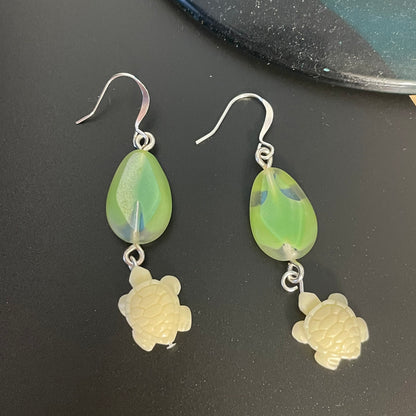 Light Green Glass Drop & Cream Acrylic Turtle Earrings Handmade Ocean Sea Life Pastel Semi-Translucent Swirl