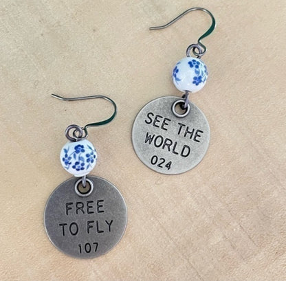 Handmade Blue White Ceramic Bead Earrings Free To Fly See World Stamped Metal Positive Inspiration Motivational Women Gift Everyday Fashion Jewelry