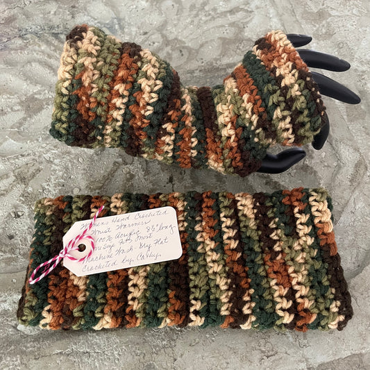 Extra Warm Brown & Green Camouflage Texting Fingerless Gloves Crochet Knit Fall Winter Gaming Tech Wrist Warmers