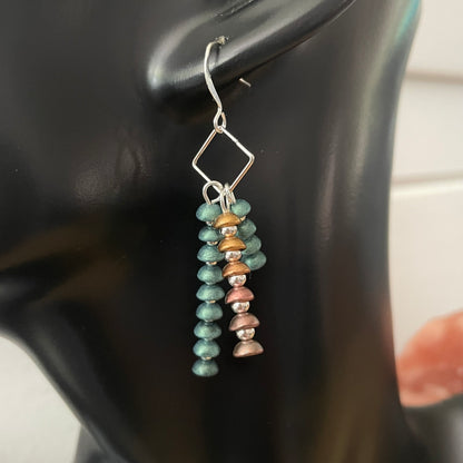 Handmade Multi-color Dangle Earrings 2.25" Czech Glass Statement Copper Green Geometric Tri-layered Women Gift Everyday Fashion Jewelry