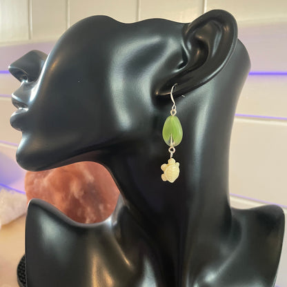 Light Green Glass Drop & Cream Acrylic Turtle Earrings Handmade Ocean Sea Life Pastel Semi-Translucent Swirl