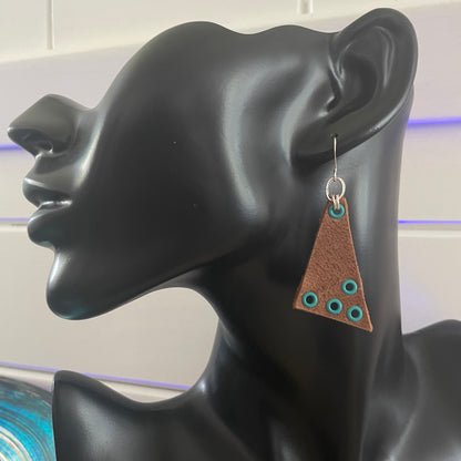 Triangle Leather & Grommet Earrings 2.5" Brown Turquoise Blue Geometric Suede Mixed Metal Fall Winter Autumn