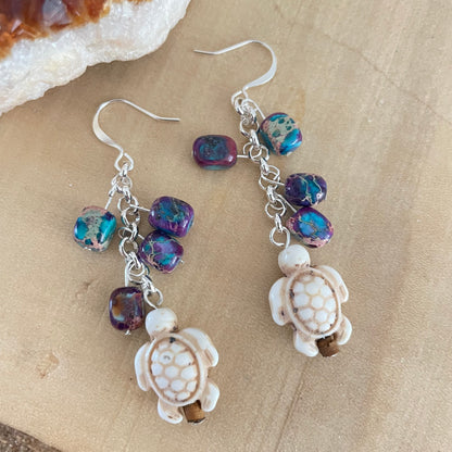 Marbled Imperial Jasper Cube & Cream Magnesite Turtle Dangle Earrings Handmade Ocean Sea Life Mini Wood Bead Multicolor Purple Blue