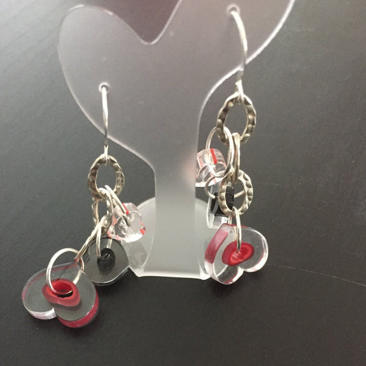 Handmade Cain Glass Heart & Chain Dangle Earrings 2.25" Clear Black Red Stripe Valentine's Love Statement