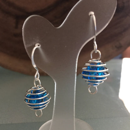 Wire Sphere & Mini Glass Bead Earrings 1.25" Blue Lightweight Casual Dainty Delicate