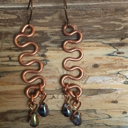 Hand Turned Copper Bar Dangle Earrings 2.25" Iridescent Metallic Teardrop Beads Women Gift Everyday Fashion Handmade Jewelry