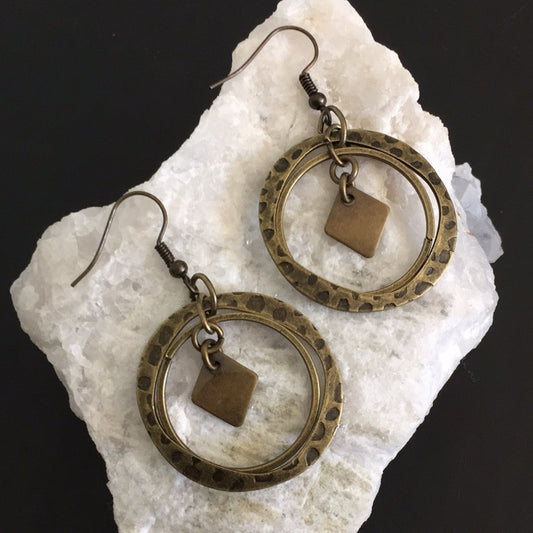 Geometric Textured Brass Dangling Hoop Earrings 1.75" Casual Everyday Metal