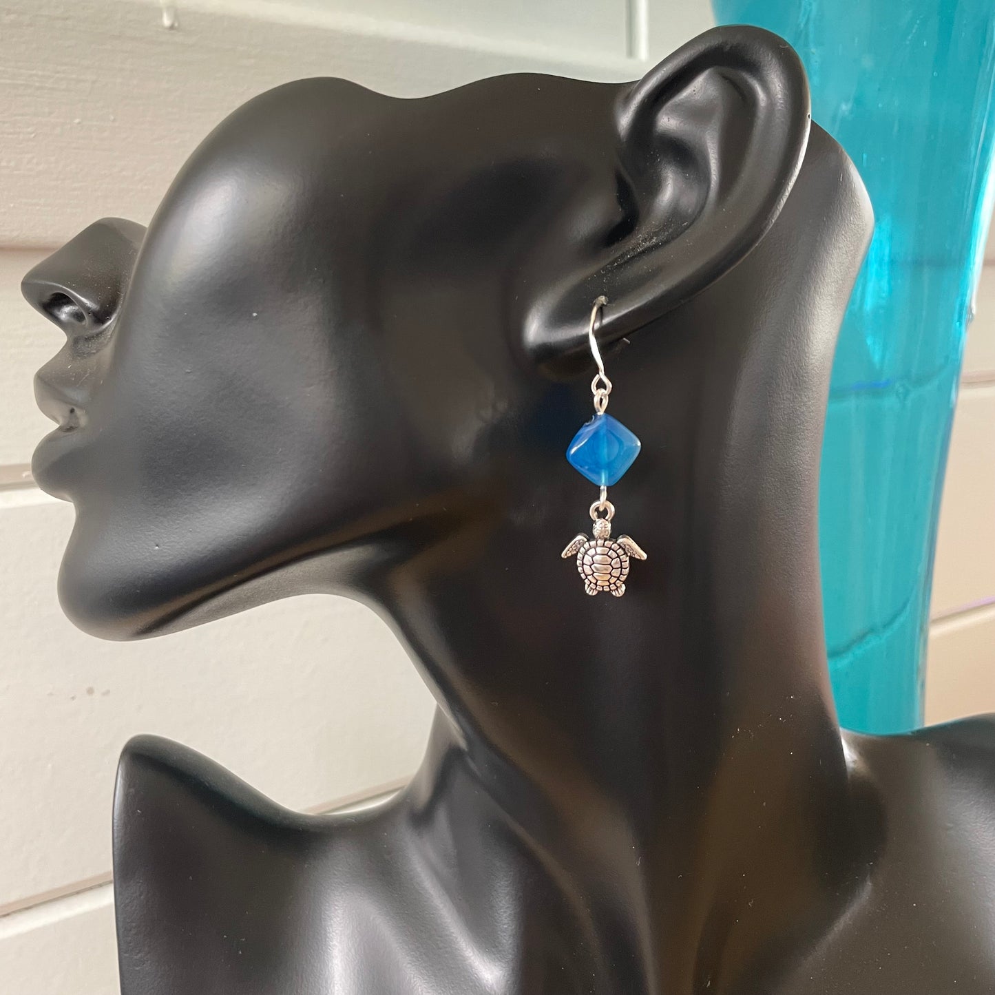 Handmade Blue Agate & Turtle Charm Earrings 1.75"  Geometric Ocean Sea Life Mixed Metal Minimalist