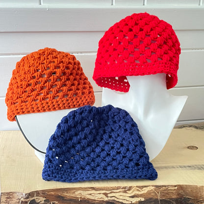 Bright Red Messy Bun Ponytail Hat Open Puffy Stitch Hand Crochet Knit Outdoor Walking Hiking Active Athletes Winter--3 colors of hats displayed