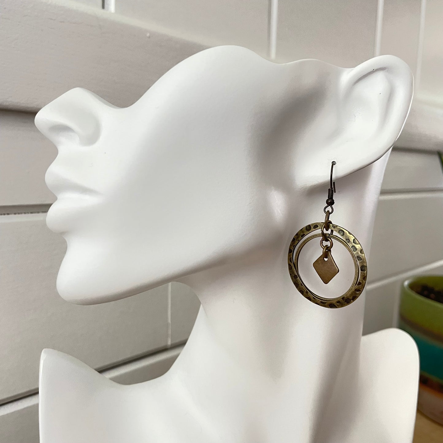 Geometric Textured Brass Dangling Hoop Earrings 1.75" Casual Everyday Metal