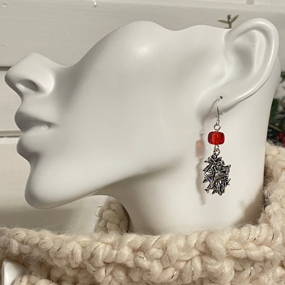 Handmade Bell Charm Earrings Square Bead Accent Holiday Christmas Stocking December Secret Santa Mixed Metal Red Glass