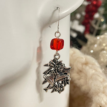 Handmade Bell Charm Earrings Square Bead Accent Holiday Christmas Stocking December Secret Santa Mixed Metal Red Glass