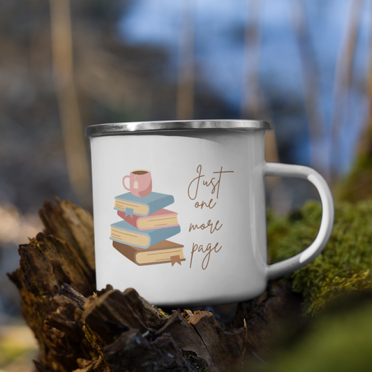 Enamel Coffee Mug Just One More Page Book Lover Bookworm Gift Women Men Mom Dad Friend Retro Tea Cup Camping Hot Cold Outdoor