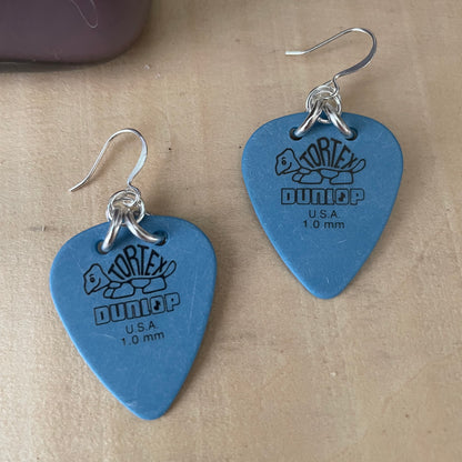 Blue Turtle Guitar Pick Earrings 1.75”Musician Lightweight Tortex Dunlop Repurposed Upcycled--both earrings on tan background