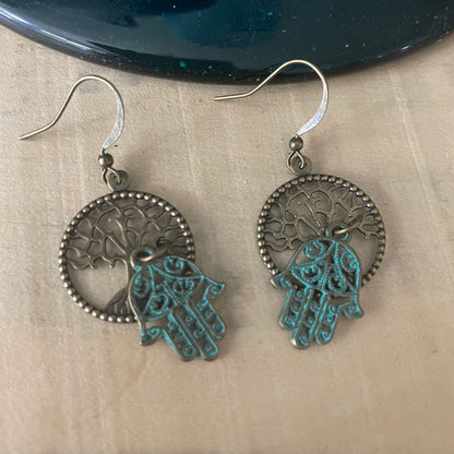 Hamsa Hand & Stamped Tree of Life Dangle Earrings 1.75” Mixed Metal Brass Patina