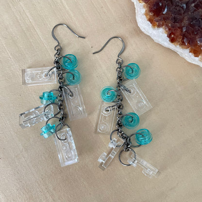 Long Geometric Building Block & Gunmetal Earrings 3" Dangle Playful Colorful Light Blue Clear Repurposed Upcycled Lego Women Gift Everyday Fashion Handmade Jewelry