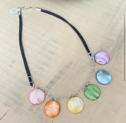 Iridescent Pastel Dangling Shell Necklace 16.5" Rainbow Pride LGBT Ally Double Black Cord Chain Hand Crafted