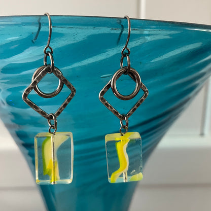 Yellow Swirl Glass Bead & Hammered Gunmetal Dangle Earrings 2.5” Geometric Clear Spring Summer Women Gift Everyday Fashion Handmade Jewelry