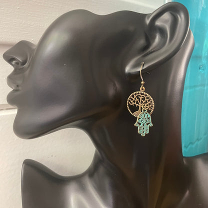 Hamsa Hand & Stamped Tree of Life Dangle Earrings 1.75” Mixed Metal Brass Patina