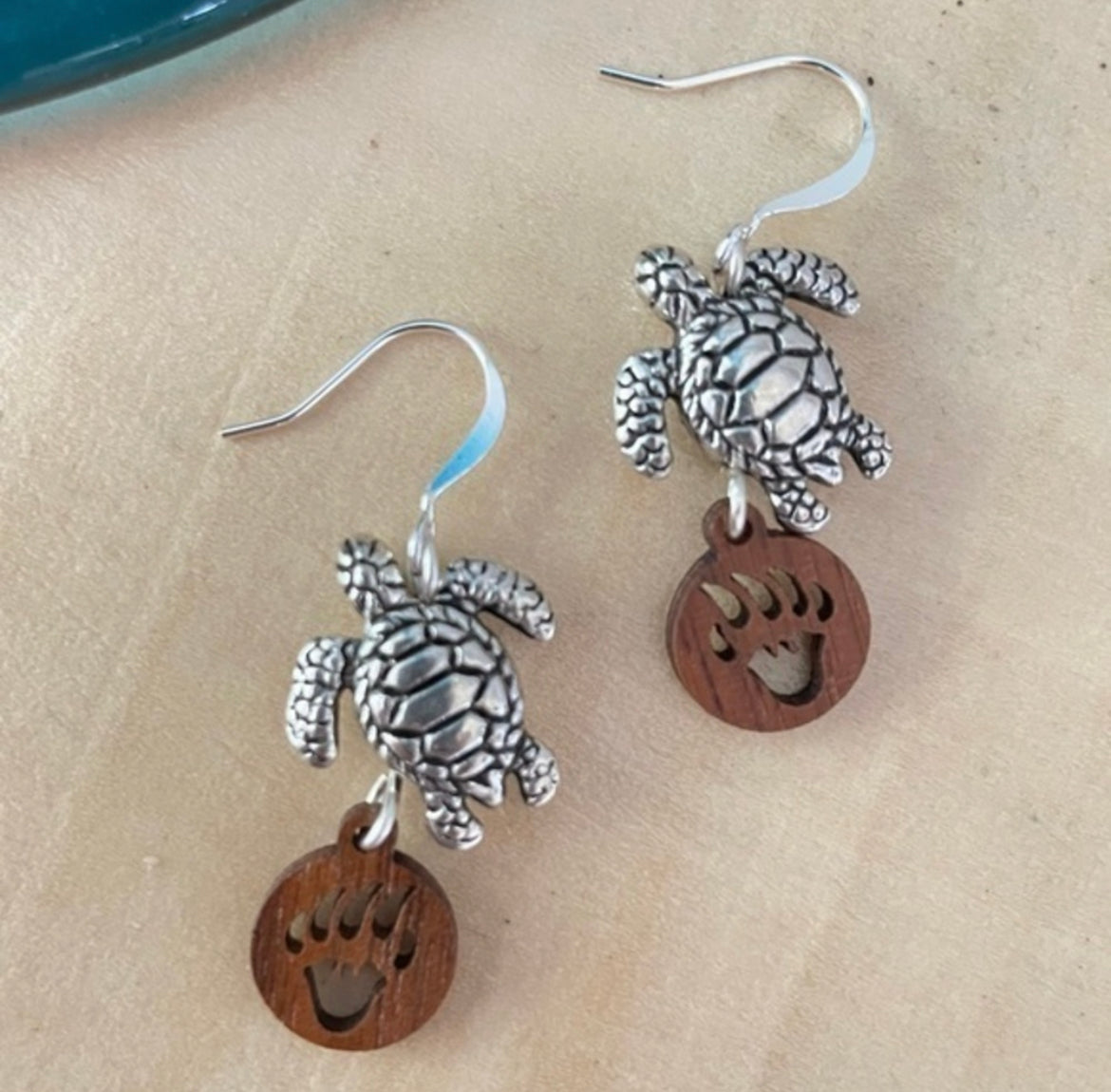 Turtle & Bear Paw Print Earrings 1.5" Mixed Metal Stamped Wood Ocean Western