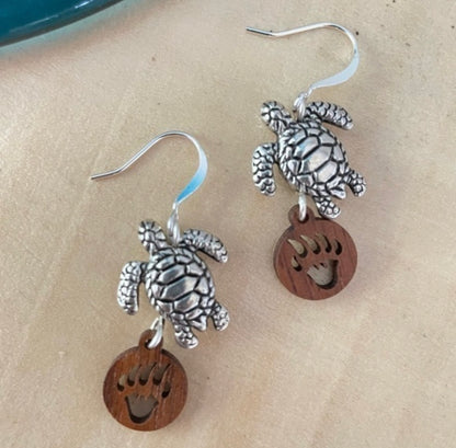 Turtle & Bear Paw Print Earrings 1.5" Mixed Metal Stamped Wood Ocean Western Women Gift Everyday Fashion Handmade Jewelry