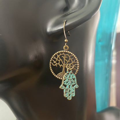 Hamsa Hand & Stamped Tree of Life Dangle Earrings 1.75” Mixed Metal Brass Patina