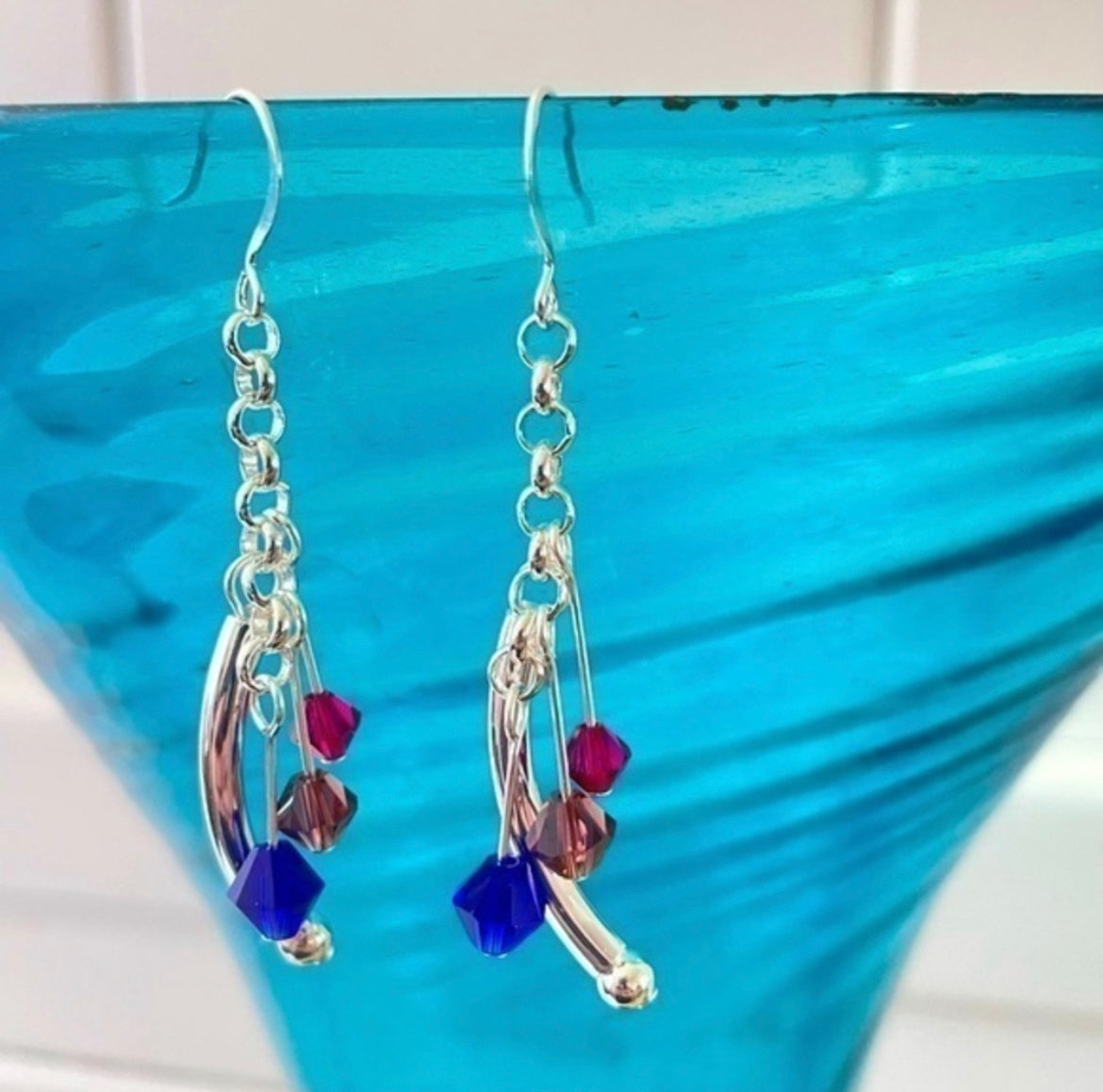 Swarovski Crystal & Curved Bar Dangle Earrings 2.5" Bi Flag Pink Purple Blue Ally Pride LGBTQIA Colorful Sparkle Glam